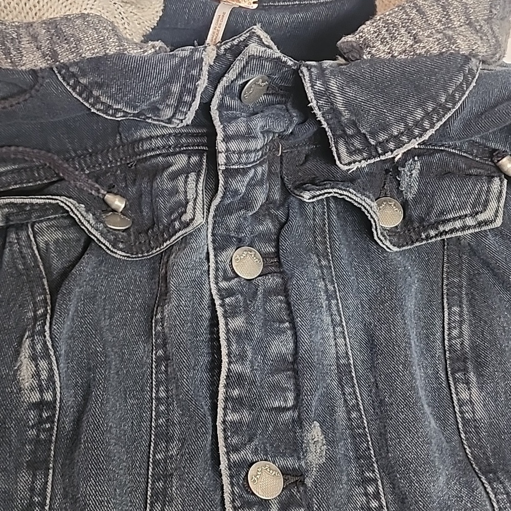 Free People Vintage Distressed Indigo Denim Gray Sleeves Hooded Jacket Sz L - Picture 10 of 10